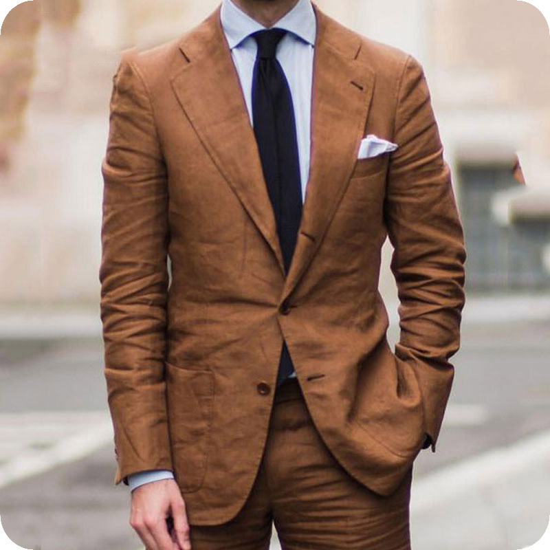 

Brown Linen Men Suits with Pants Slim Fit Groom Tuxedos Latest Coat Pant Designs Male Blazer Jacket 2 Piece Ternos, Black