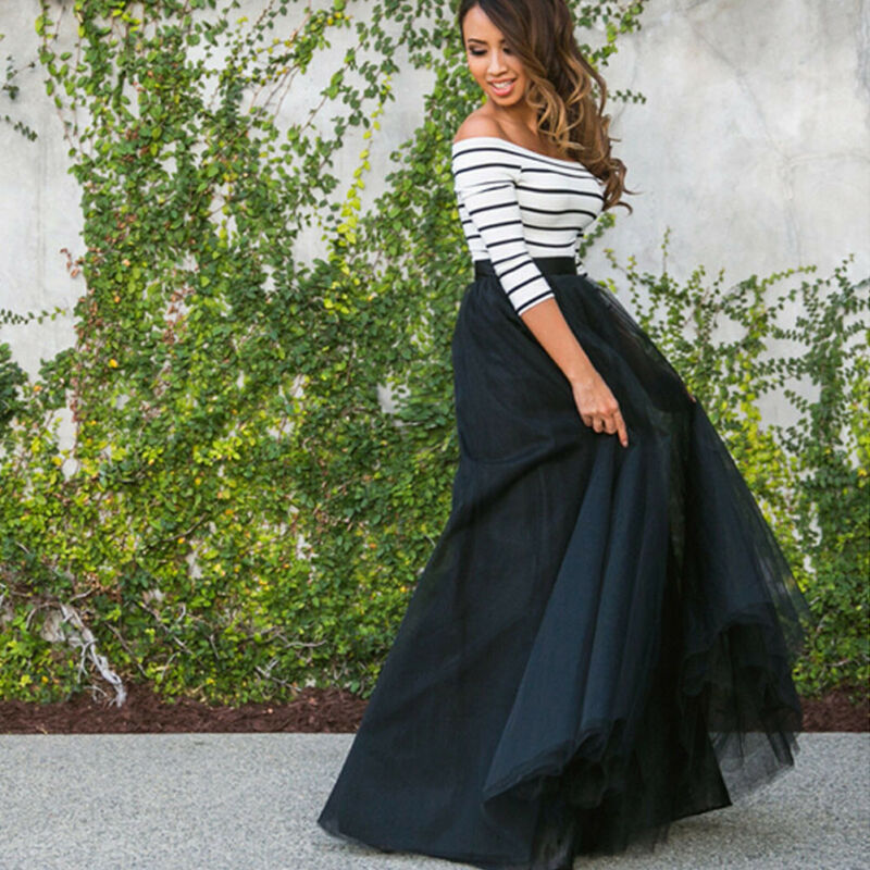 

US Women' Fashion Summer Long Two Pieces Tulle Striped Maxi Evening Prom Gowns Beading Party Cocktail Party Dress Skirt Set, Black