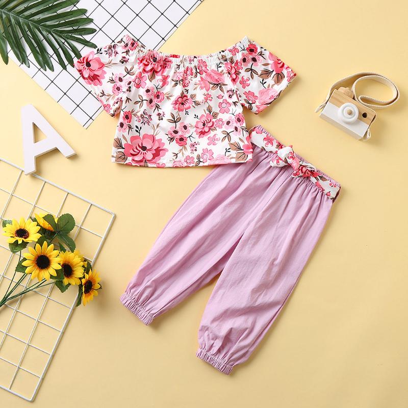 

2pcs Toddler Kids Baby Girls clothes set Summer Floral Print Tops+ Pants Outfits Set Pink Short Sleeve +Long Pant Outfits, As pic
