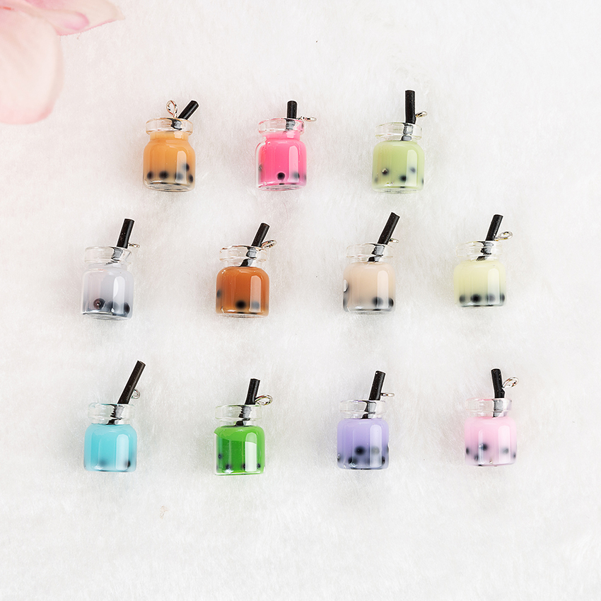 

15pcs Mix colors 3D Boba Mini Glass Bubble Milk Tea Sippy Cup Fruit slices Bottle Diy Charms Jewelry Accessory
