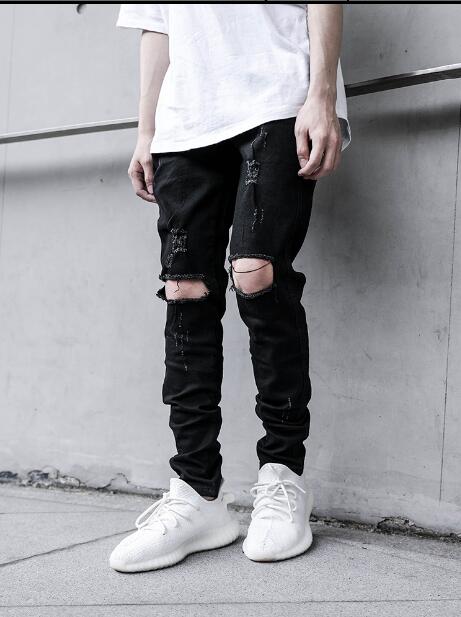 

Europe and America tide high street black men knee hole jeans men casual slim stretch feet jeans for pants