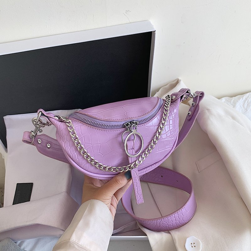 

Fashion Chain Fanny Pack Banana Purple Waist Bag New Belt Bag Women Waist Pack PU Leather Chest Belly, Black