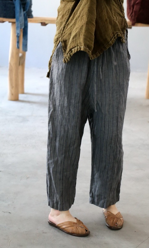 

Women Loose Thin Linen Striped Pants Ladies Vintage Stripes Trousers Female 2020 Summer Autumn Flax Pants, Grayblue