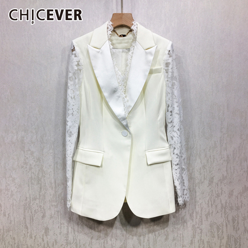 

CHICEVER Elegant White Patchwork Lace Women' Blazer Notched Collar Long Sleeve Loose Coat Female 2019 Autumn Fashion New, Black