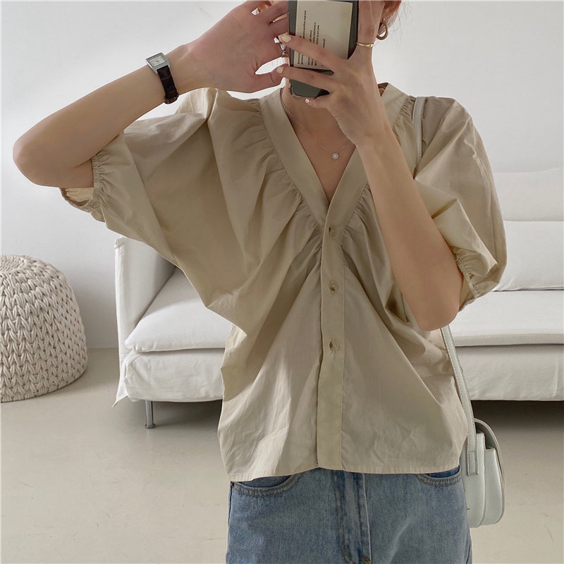 

New 2020 Hot Solid Puff Sleeves V-neck Gentle Tops All Match Casual Blouses Summer Thin Loose Brief Chic Women Shirts, Khaki