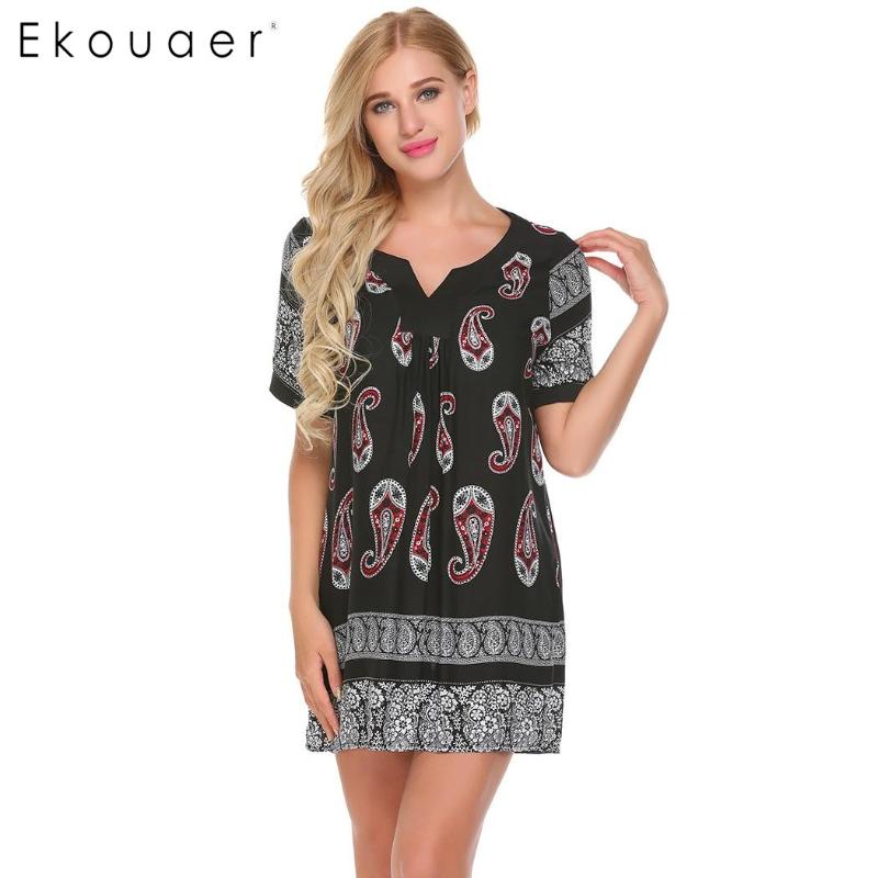 

Ekouaer Women Night Gown Vintage Style Retro Short Sleeve V-Neck Printed Loose Mini Nighties Sleepwear Dress Home Sleep Wear, Black