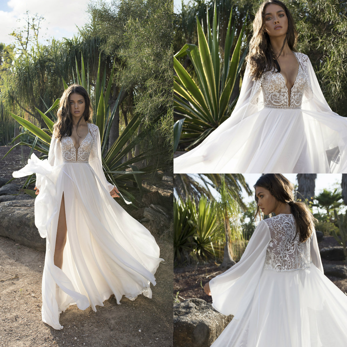 

Asaf Dadush Bohemian Wedding Dresses Spaghetti Lace Embroidery A Line Chiffon Skirt Boho Wedding Dress Sexy Backless Side Split Bridal Gown, Ivory