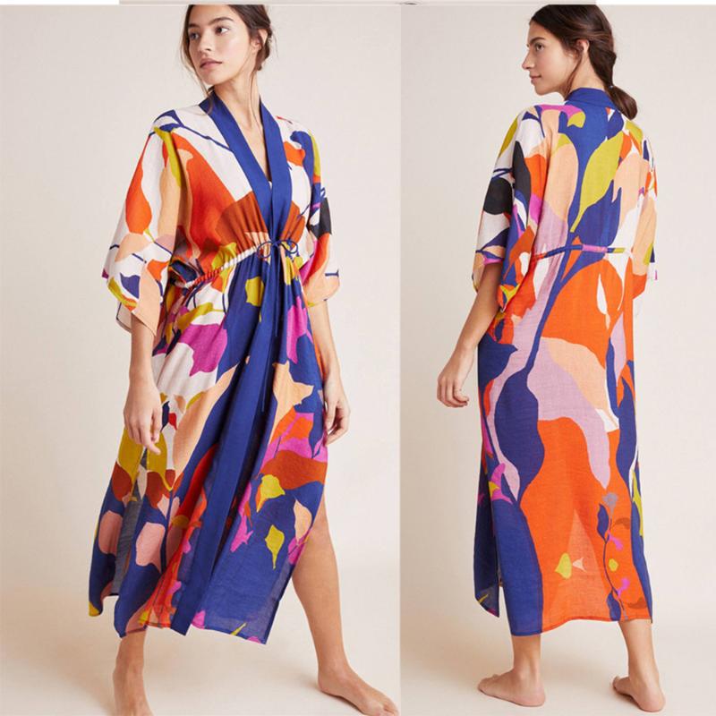

Floral Print Bikini Beach Cover Up Kimono Tunics Sarong Robe Plage Kaftan Sarong Beach Swimsuit Beachwear Women Long Cardigan