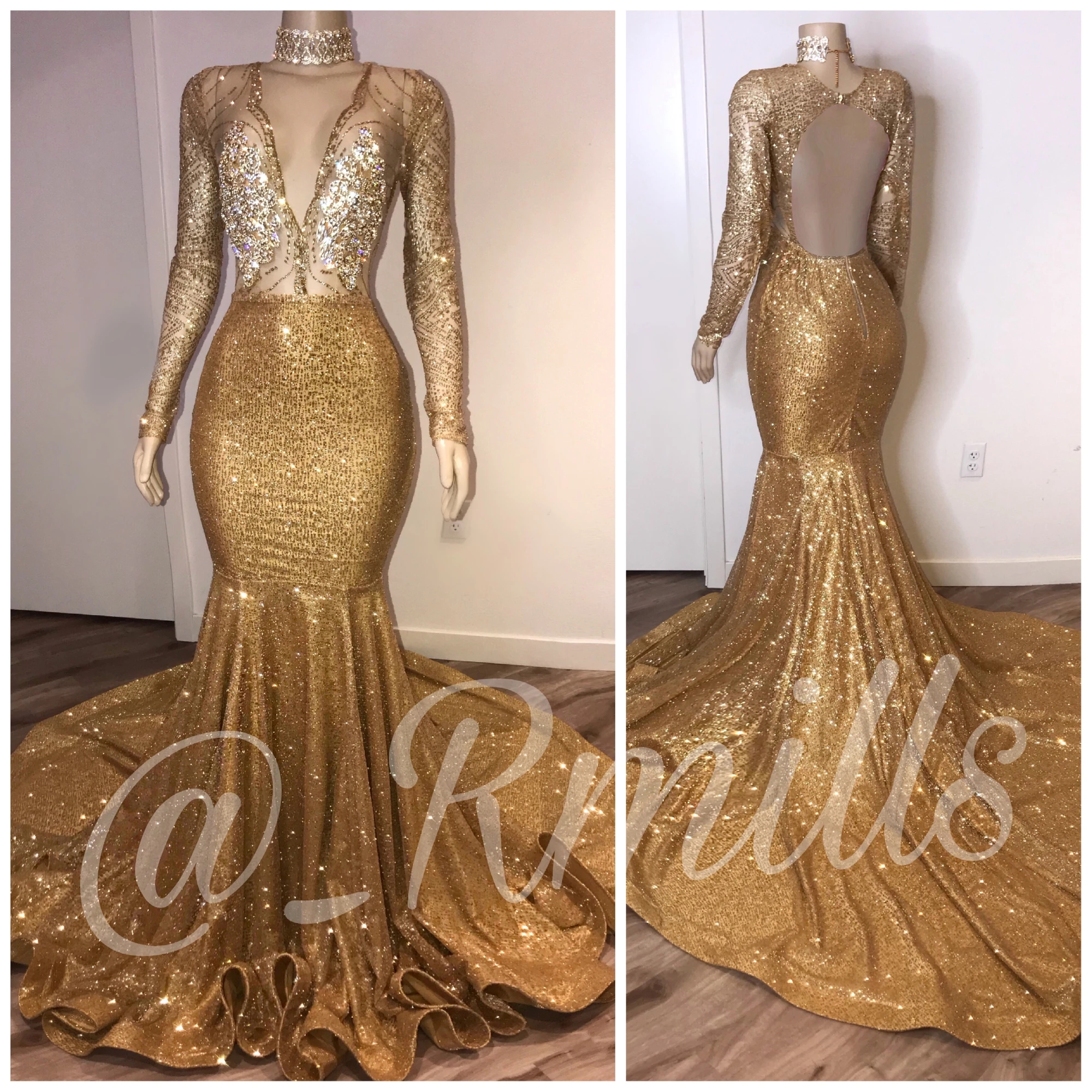 

2020 Myriam Fares High Neck Sexy Gold Prom Dresses Deep V Neck Sequined Long Sleeve Evening Gowns, Water melon