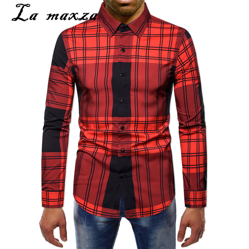 

Plaid Long Sleeves Shirt Spring for Men Button up Shirt 2020 Causal Mens Plus Size, Red