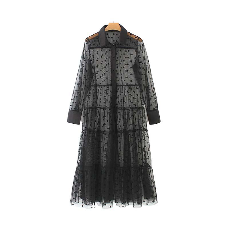 

Women Stylish Polka Dot Patchwork Transparent Midi Shirt Dress Long Sleeve Female Chic Sexy Mesh Dresses Vestidos, Black