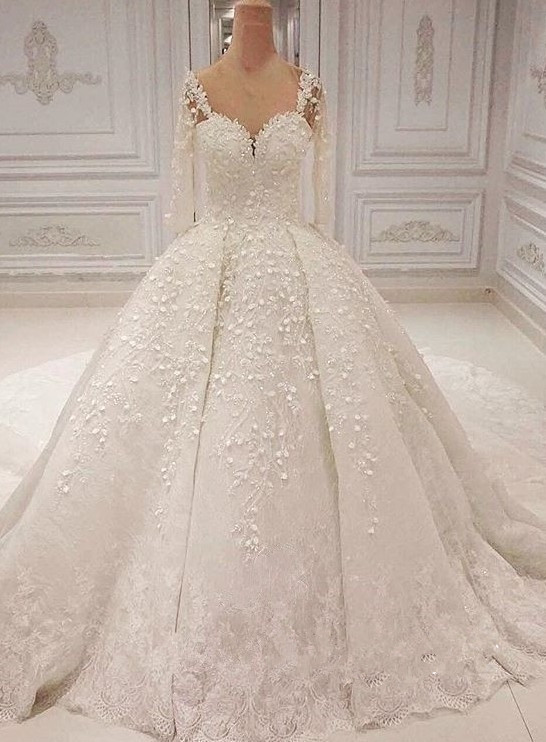 

Romantic Sweetheart Long Sleeve Bridal Gown With Long Sleeve 2019 Luxury 3D Floral Lace Applique Princess Church Bridal Wedding Gown, Gold