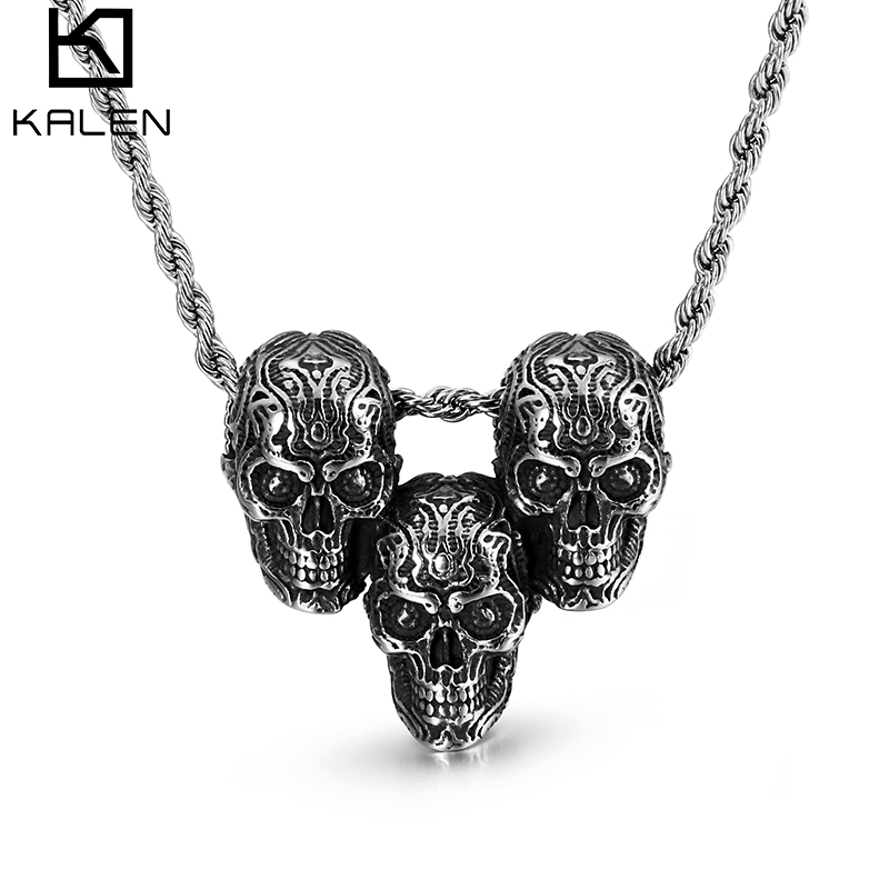 

Stainless Steel Three Skull Pendant Necklace For Men Hiphop/Rock Fashion Personalized Metal Male Trendy Jewelry, Silver