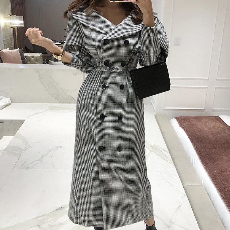

Women Comfortable Warm Long Coat High Quality Ol Temperament Outerwear Double-Breasted Plaid Trench Coat, Gray