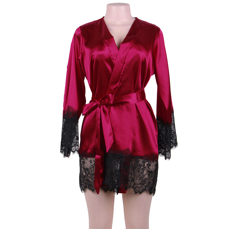 Kimono For Women Long Sleeve Satin Silk Robes Blue Black Red Plus Size Lace Robe Lingerie Solid