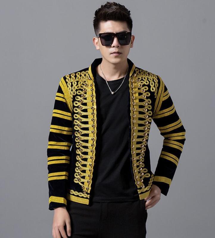 

Court Style Mens Gold Embroidery Coat Jacket Handsome Slim Fit Blazer Suits B147, Black