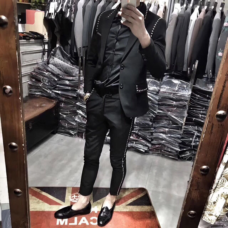 

2019 Suit suit British style hairstylist slim two pieces club riveted jacket fashion -3XL! singerwear, Black