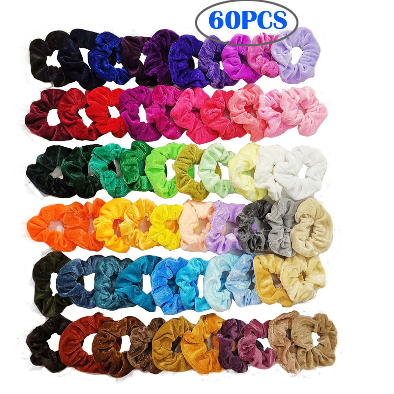 

60PC/Pack Girl Women's Velvet Hair Scrunchies Ponytail Holder Elastic Hairbands Hair Ties Ropes Hair loop Pleuche Headwear new GGA2871, As pic