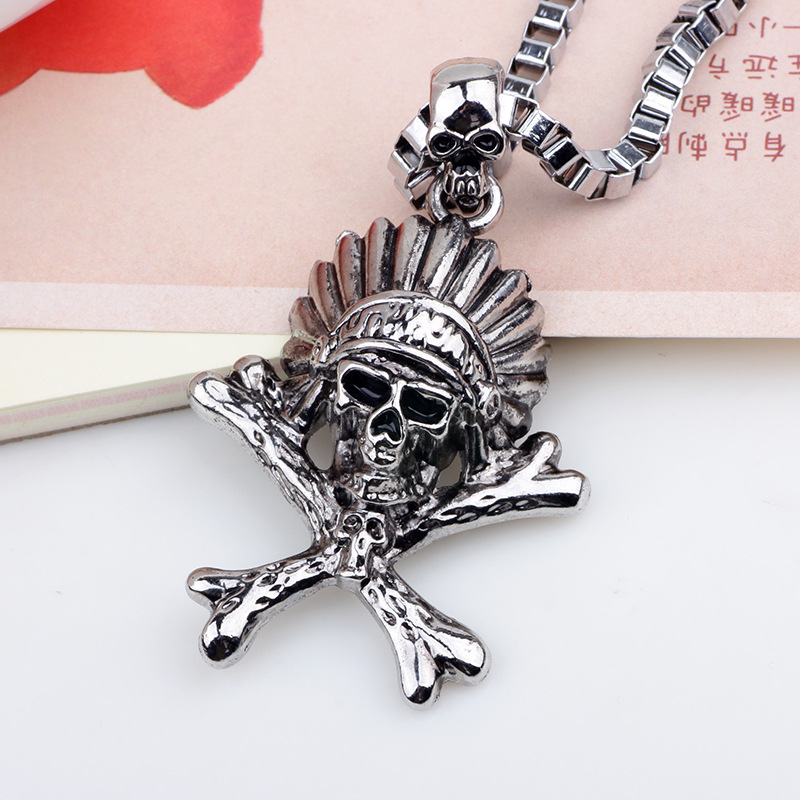 Western Country Antique Silver Plated Skull Necklace Mens Street Style Long Chain Necklaces-image-547554458