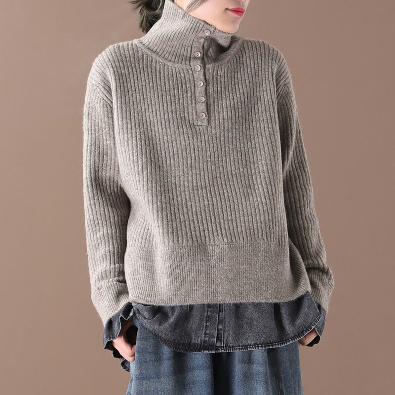 

Pullover Jacket Spring New Korean Loose Large Size Casual Denim Patchwork Fake Two Piece Turtleneck Women Sweater Cotton f2852, Beige