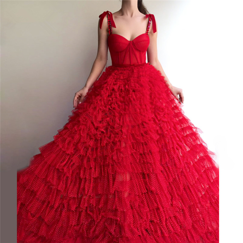 

Red Long Prom Dresses 2020 A Line Spaghetti Straps Lace Crystals Islamic Dubai Saudi Arabic Layered Ruffles Formal Party Evening Gowns, Daffodil