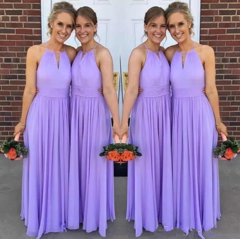 

2020 Elegant Lavender Long Beach A Line Bridesmaid Dresses Halter Neck Chiffon Pleats Backless Maid Of Honor Gowns Wedding Guest Dress