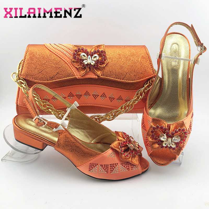 

Dress Shoes Latest 2021 And Bag Set Italian Low Heels Design With Matching For Garden Party In Orange Color, Champagne