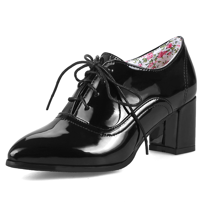 

Concise Lace up women pumps High Heels shoes Pointed Toe office women heels flower insole shoes Girl Plus Size 31-48, Black
