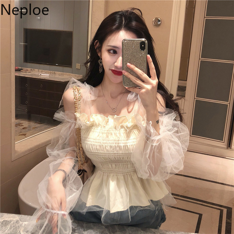 

Neploe Mesh Pacthwork Women Blouse 2020 Summer Retro Elegant Square Collar Puff Sleeve Shirts Sweet Fake Two Piece Tops 49984, Apricot