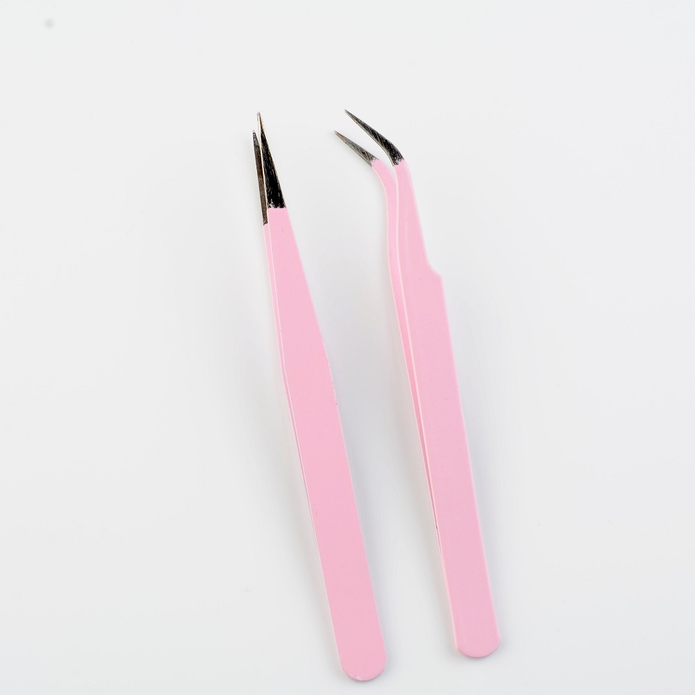 

2020 Hot Sale New 2PCS Stainless Steel Pink Straight + Bend Tweezer For Eyelash Extensions Nail Art Nippers