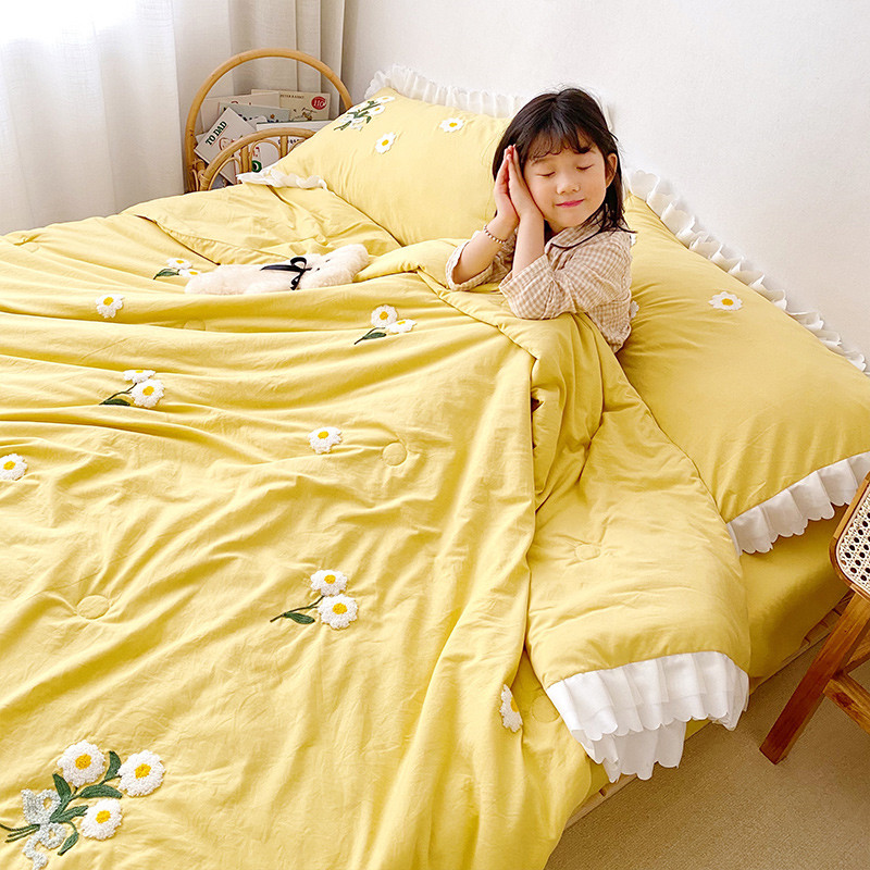 

2020 new fresh ruffles quit set 3/4pcs 3D daisy embroidery washed cotton comfoter princes cool summer bed linen set blanket 1pc, Pi pink daisy
