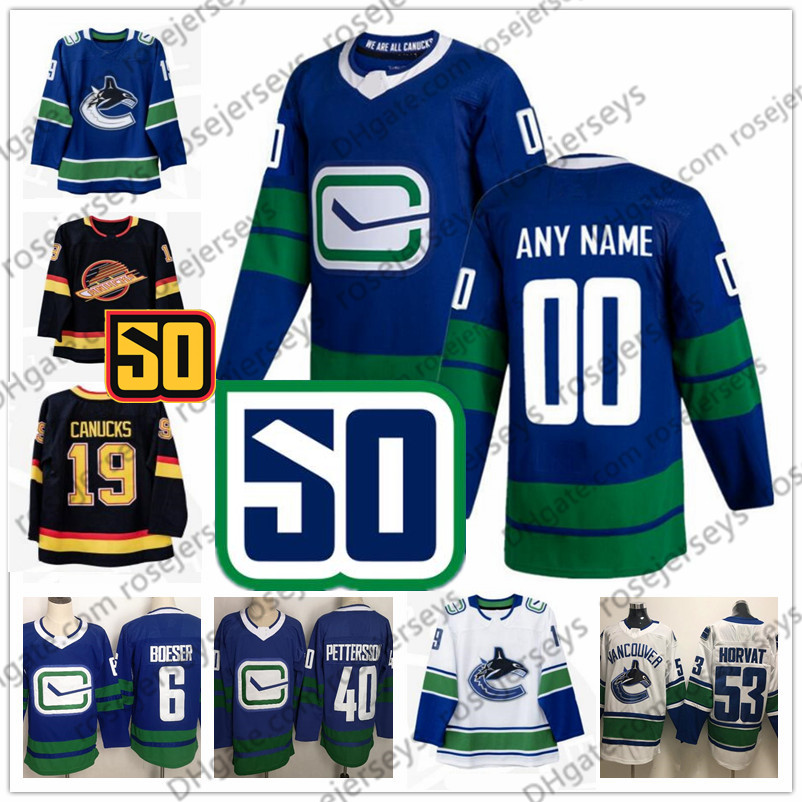 

Custom Vancouver Canucks 2019 50TH Any Number Name 57 Tyler Myers 79 Micheal Ferland Boeser Pettersson Horvat Blue Third White Black Jersey, Black;red