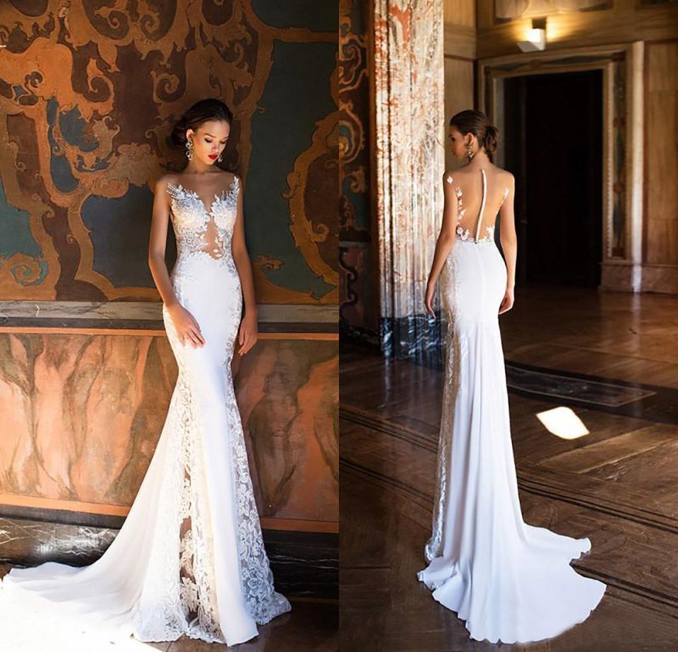 

Milla Nova Mermaid Boho Wedding Dresses Sexy Sheer Neck Open Back Full Lace Wedding Dress Beach Bridal Gowns Wed Dress Wed, White