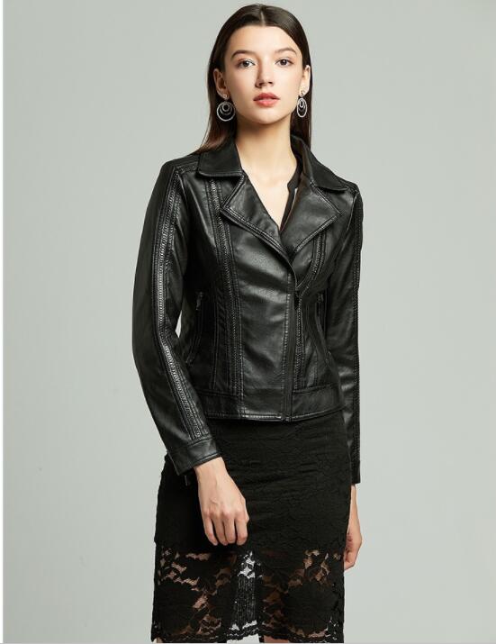 

Hot new autumn solid color female leather jacket PU female jacket Europe and the United States collar ladies motorcycle clothing, Black