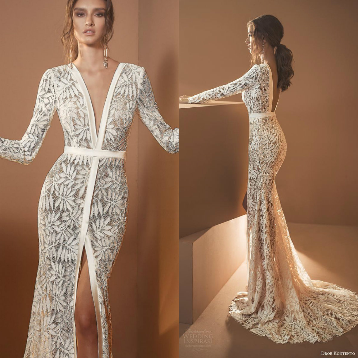 

Long Sleeve Mermaid Wedding Dresses Lace Appliqued V Neck Front Split Boho Wedding Dress Custom Made Sweep Train Country Bridal Gowns, Lavender