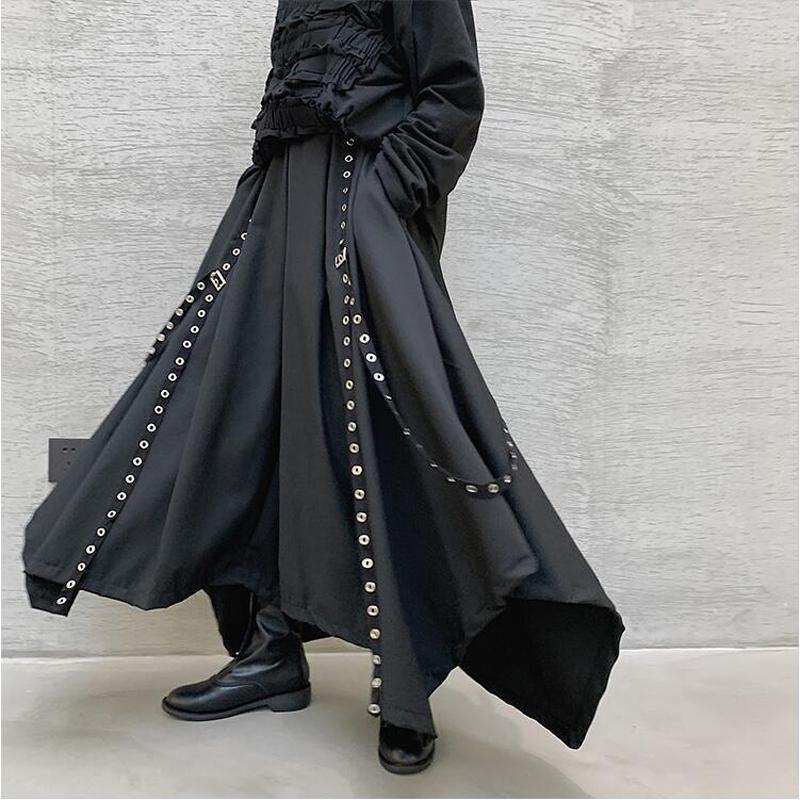 

Four seasons yamamoto wind dark department men and women skirt pants rivet ribbon loose wide leg pants hair stylist skirt, Black