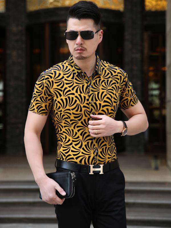 

2020 High Quality Summer Geometric Patterns Men's Short Sleeve Shirts Velour Slim Fit 3xl Personality Silk Shirt, Blue