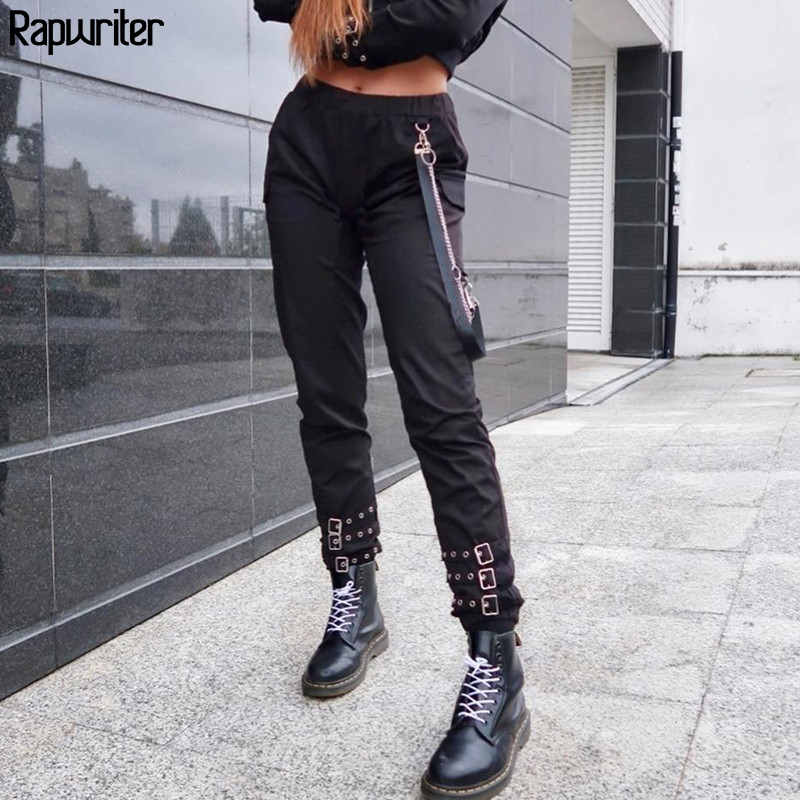 

Rapwriter Gothic High Waist pants Women 2020 harajuku Streetwear Cargo joggers Women Pants, Black pants