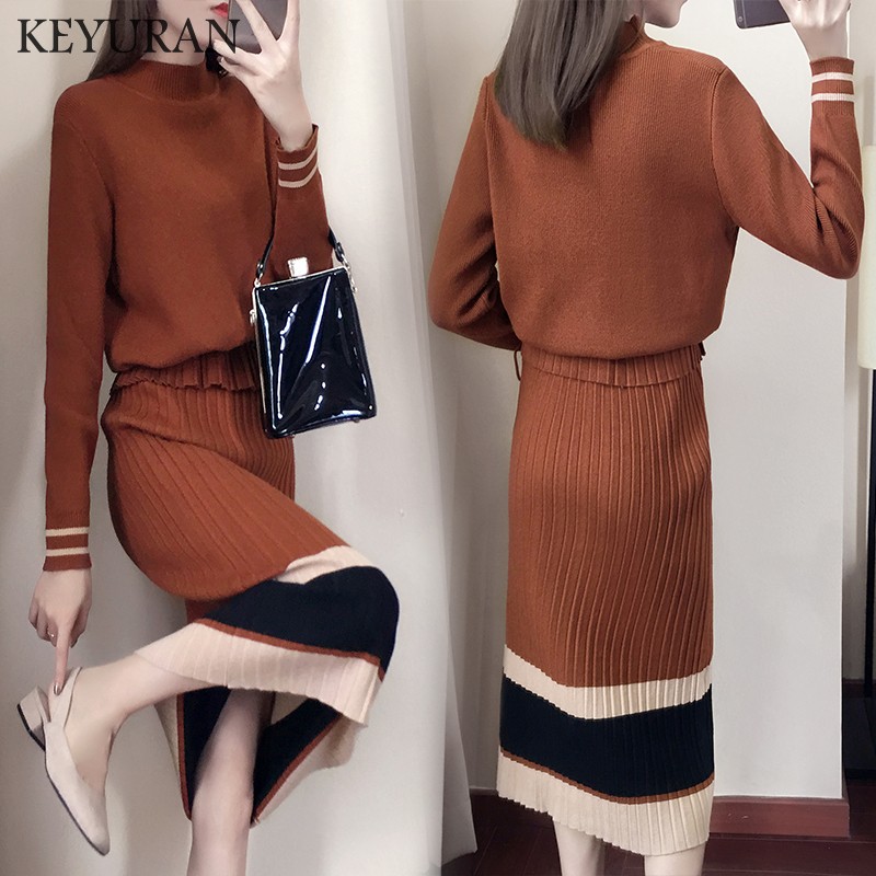

Autumn Winter Women Casual Two piece set Knitted Striped dress 2 piece sets Fashion Ladies Long sleeve sweater Tops and Skirts, Black