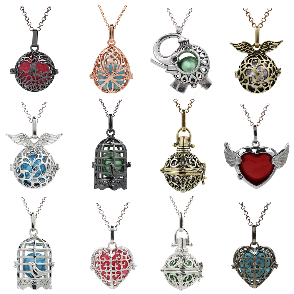 

More Designs Birdcage Elephant Owl Lave Bead cage Pendant Essential Oil Diffuser Locket Mexican Angel Bola Chime Ball For Pregnant Women, Silver