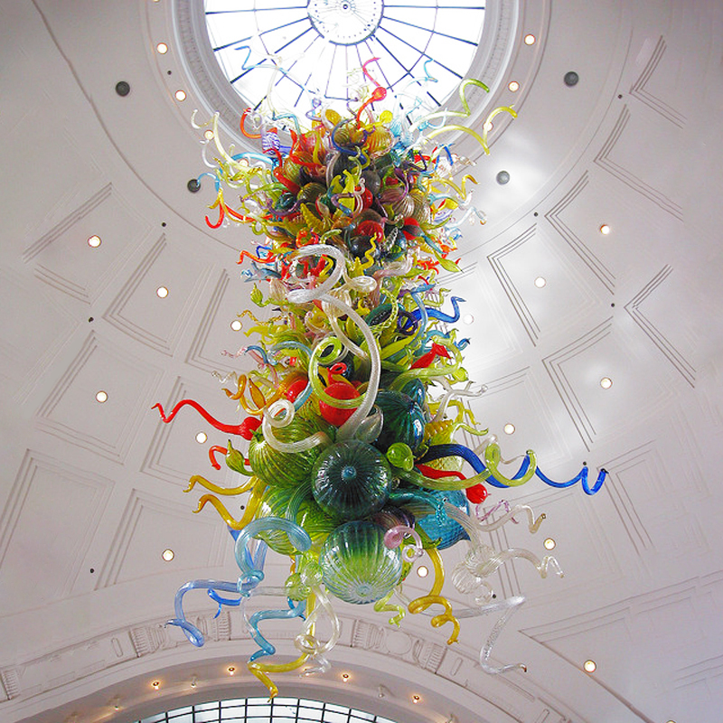 

Colorful Hand Blown Glass Chandeliers Large Chain Glass Pendant Lighting LED Bulbs Art Deco Foyer Dome Light