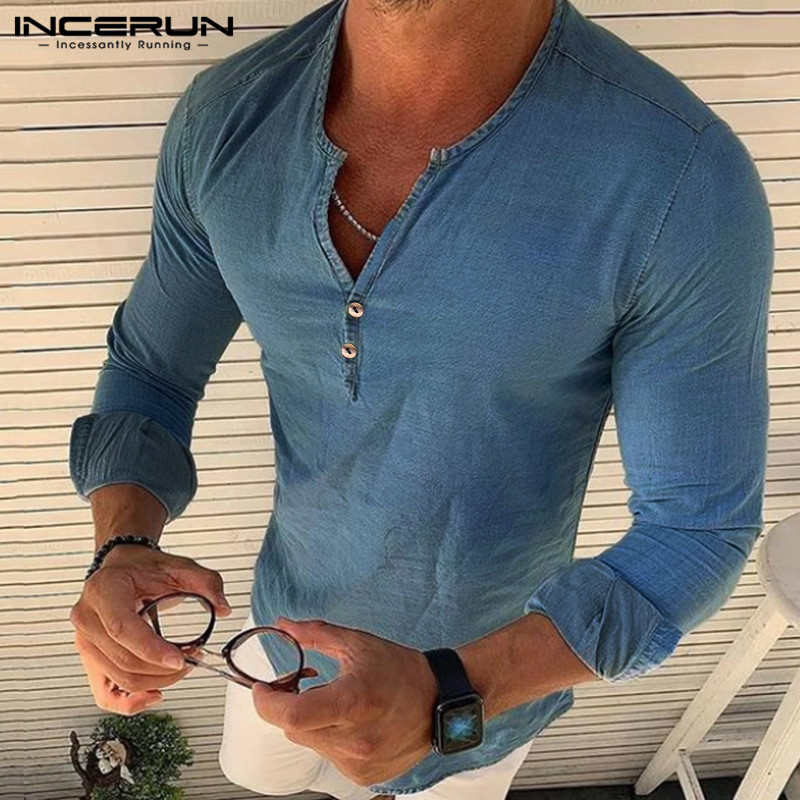 

INCERUN Autumn Men Denim Shirt V Neck Stylish Streetwear Long Sleeve 2019 Plain Casual Fashion Brand Shirt Men Camisa Masculina, Light blue shirt