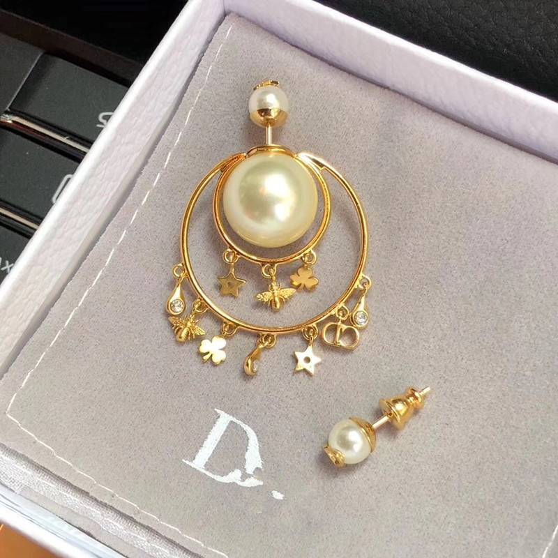D home five-pointed star bee flower size pearl asymmetric earring 925 silver needle female earring accessory-image-553667076