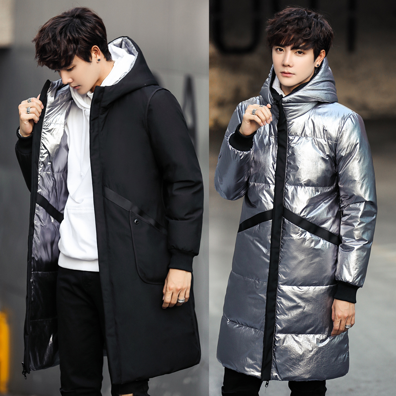 

PViviYong 2019 Winter fashion high quality hooded white duck down jacket , Both sides to wear long coat men parka 104 R826, Black and black