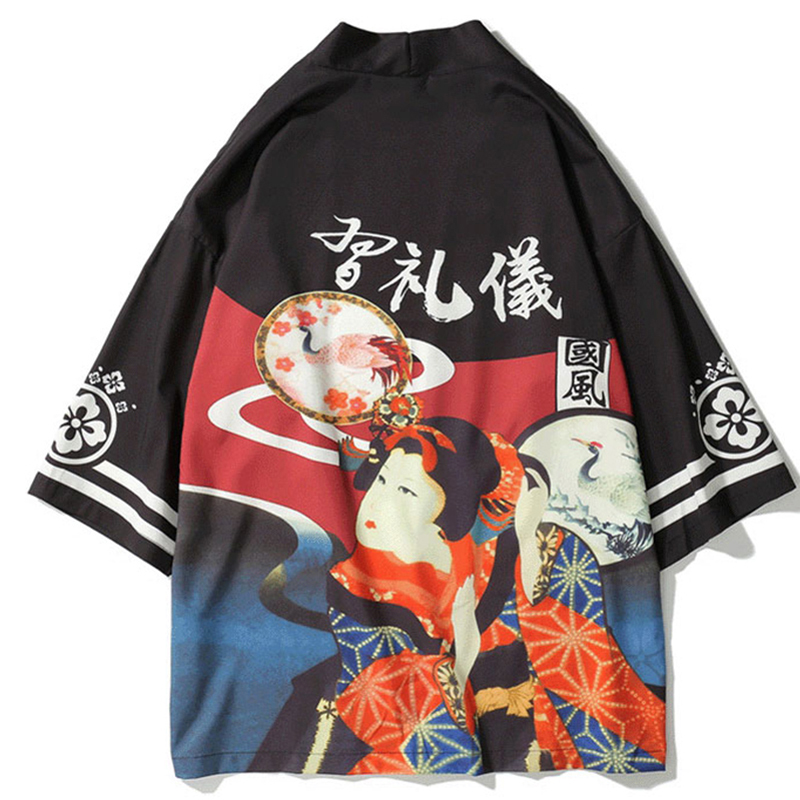 

Japan Style Kimono Cardigan Jackets 2018 Autumn Summer Sun Protection Coat Harajuku Casual Streetwear, Black