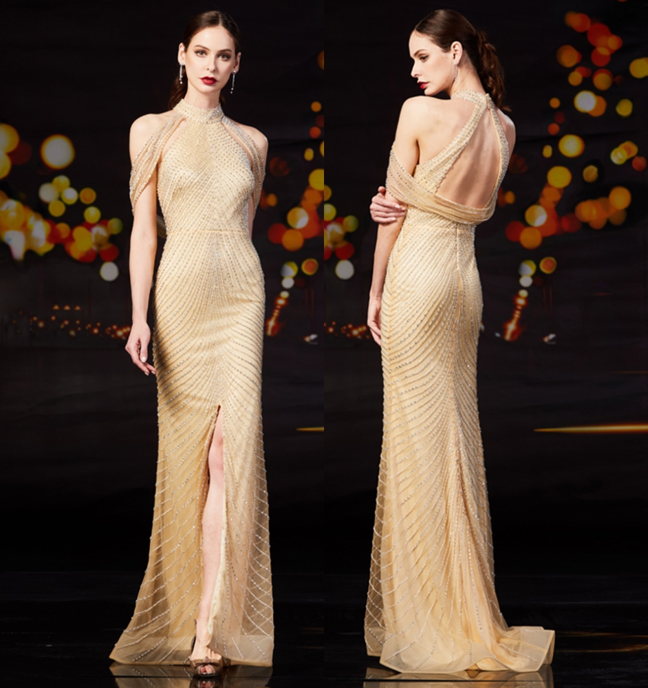 Custom Made Sexy High Neck Front Slit Champagne Evening Dresses Robe Longue Luxury Crystal Sexy Mermaid Prom Dresses