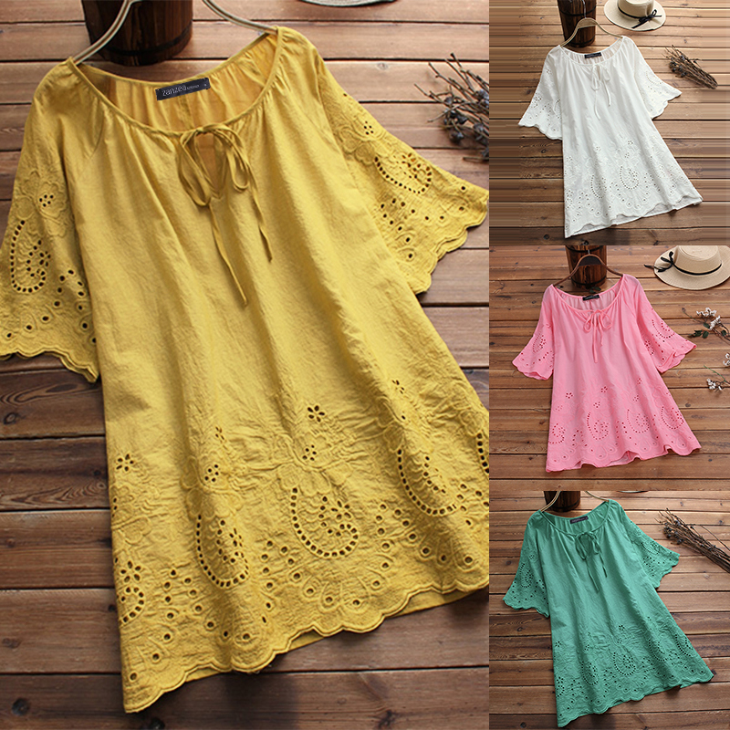 

Elegant Womens Embroidery Blouse ZANZEA Female Short Sleeve Casual Blusas Shirt Vintage Hollow Floral Tunic Summer White Tops, Green