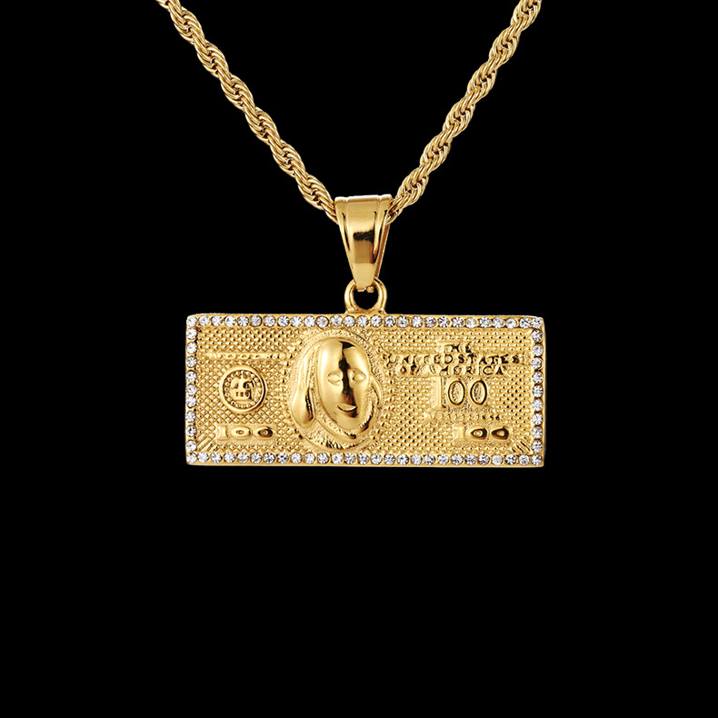 Charm U.S Dollar Necklace Pandent for One Million Dollar Bill Currency Money with 316L Stainless Steel Gold Plated Color Hip Hop Jewelry-image-434802142