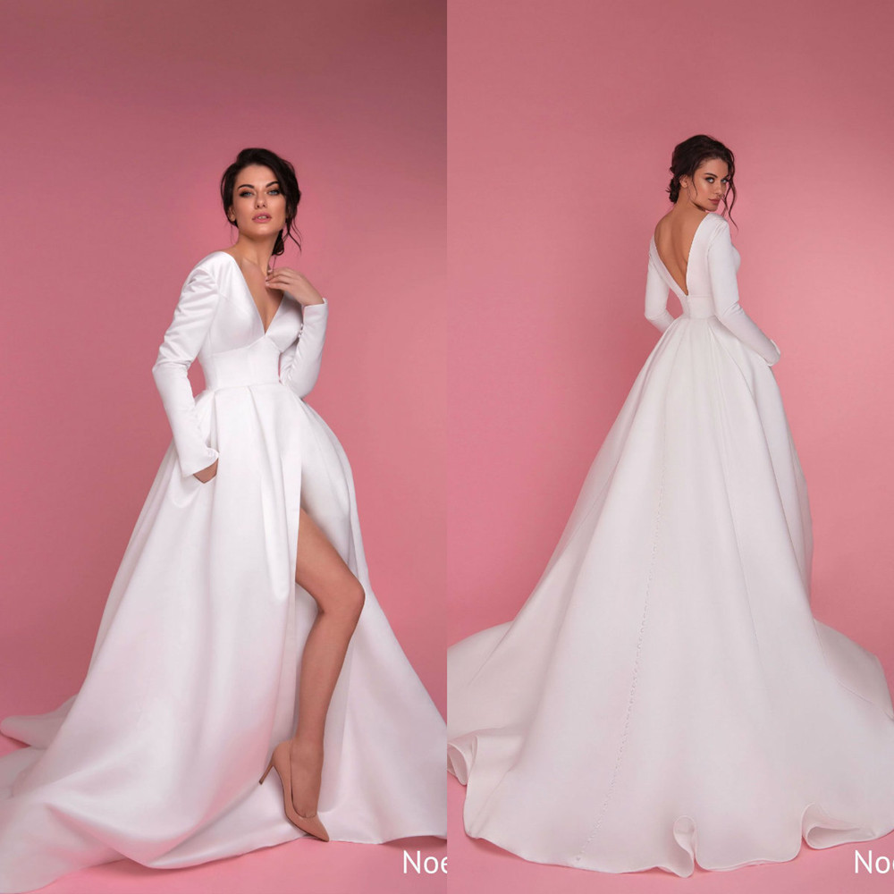 

Giovanna Alessandro Wedding Dresses V Neck Long Sleeves Split Bridal Gowns Backless Sweep Train A Line Wedding Dress Robe De Mariee, Gold