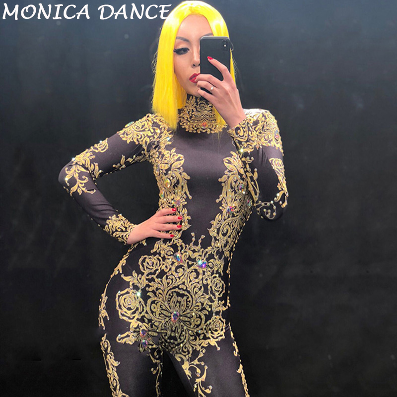 

Women Yellow Printing Flowers Black Jumpsuit Sparkling Crystals Bodysuit Celebrate Stage Wear Costume Nightclub Birthday